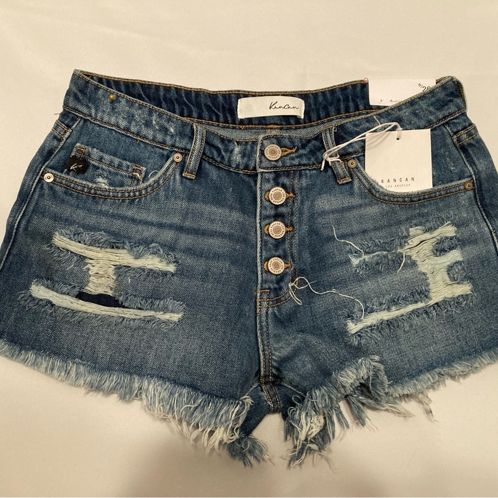 KanCan Medium Wash Button-Fly Jean Shorts